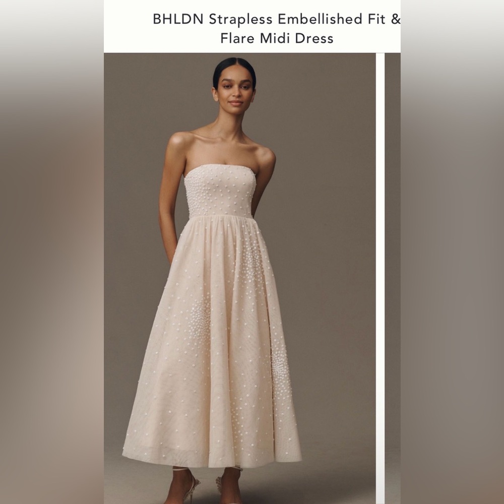 NWT BHLDN Strapless Pearl-Embellished Cream Midi Dress